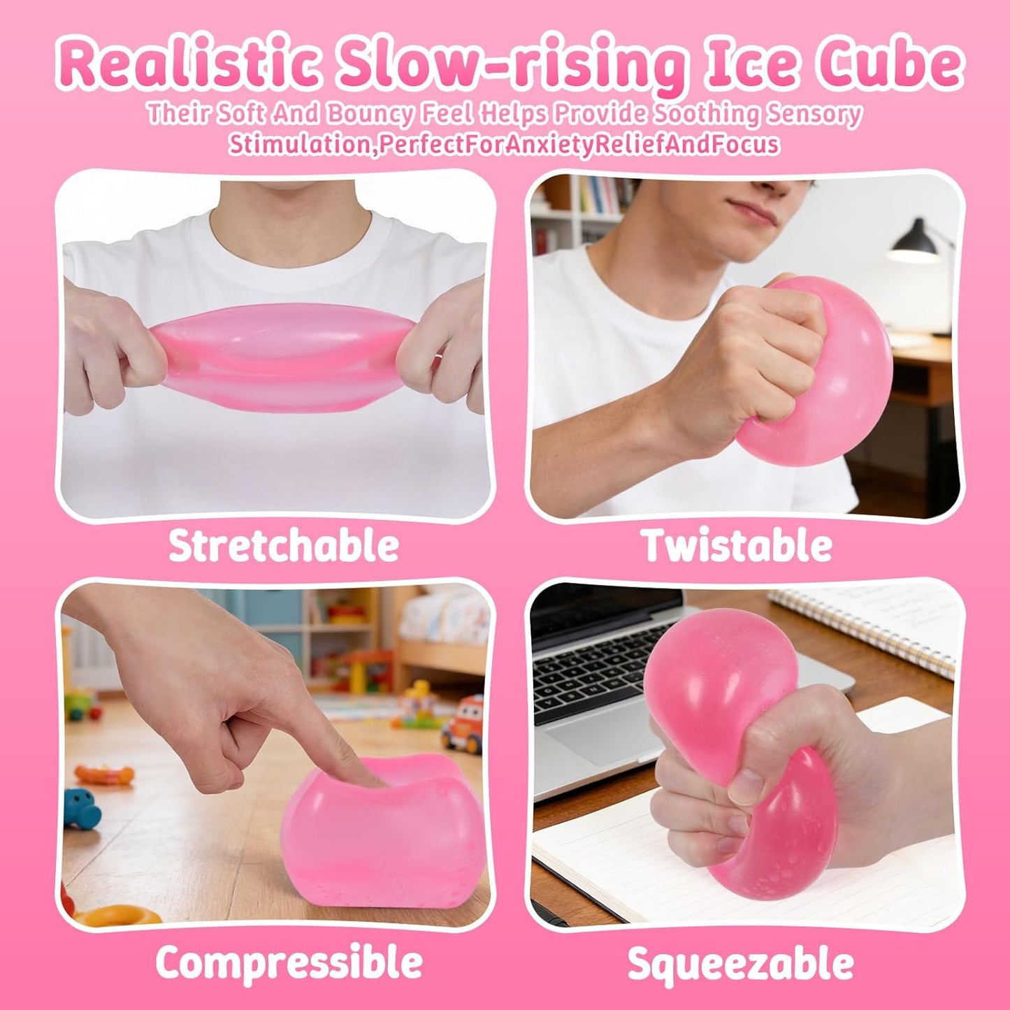 Squishy Ice Cube Fidget Toy,Large Squeeze Toys, Big Squishy Stress Ball with Durable Soft Texture, Extra-Satisfying Squeeze Toy for Adults and Boys & Girls Age 3+ (2.76in) (Pink)