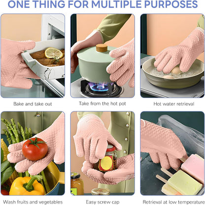 1 Pair Oven Mitts, Heat Resistant Protective Oven Gloves, Cotton Lined Silicone Kitchen Mitts Pair, Nonslip Silicone Cooking Gloves with Fingers (Light Pink)