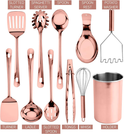 COOK WITH COLOR Kitchen Utensil Set - premium Nonstick & Heat Resistant Kitchen Gadgets, Turner, Spaghetti Server, Serving Spoons, Whisk, Tongs, Masher & Utensil Holder, 10-piece Rose Gold