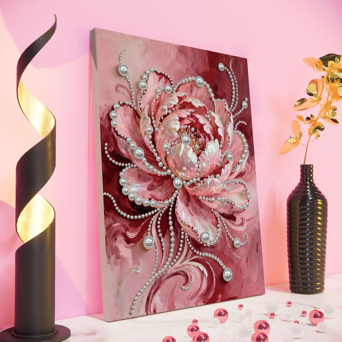 DIY Diamond Pearl Painting Kit for Adults, Beginner Friendly Craft Kits with Frame 30x40cm,Home Decor Housewarming Gift, Diamond Dots Beads Canvas Art for Wall Decor(Pink Flower)