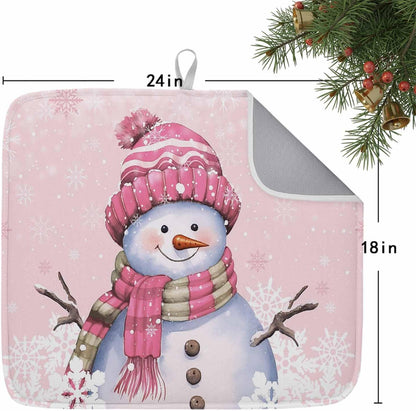 Christmas Pink Snowman Dish Drying Mat Absorbent Drying Matt Kitchen Counter Mats Pink White Snowflake Quick Dry Dishes Drainer Christmas Decorations 18x24 Inch
