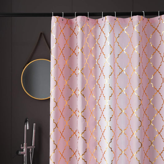 FINECITY Geometric Shower Curtain Set - Metallic Gold Foil Moroccan Lattice Pattern Printed on Soft Fabric Grommet Top Shower Curtain with 12 Hooks, 72 x 72 Inch, Pink and Gold