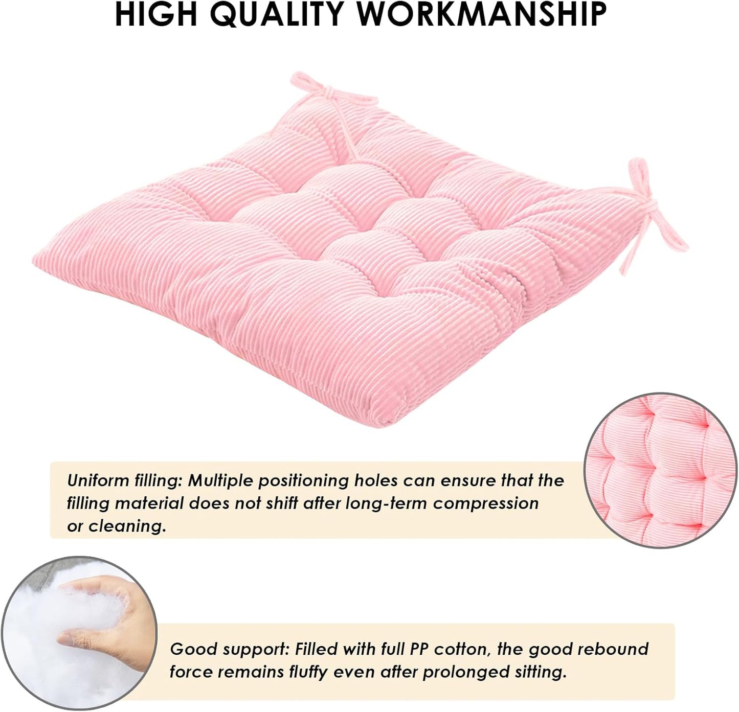 4Pack Chair Cushions for Dining Chairs 15.7"X15.7" Corduroy Chair Pads with Ties Indoor Non-Slip Square Seat Cushion for Kitchen Office Chairs Computer Desk Seat Pad, Pink