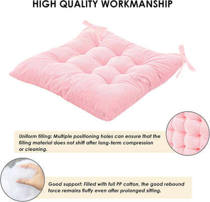 4Pack Chair Cushions for Dining Chairs 15.7"X15.7" Corduroy Chair Pads with Ties Indoor Non-Slip Square Seat Cushion for Kitchen Office Chairs Computer Desk Seat Pad, Pink