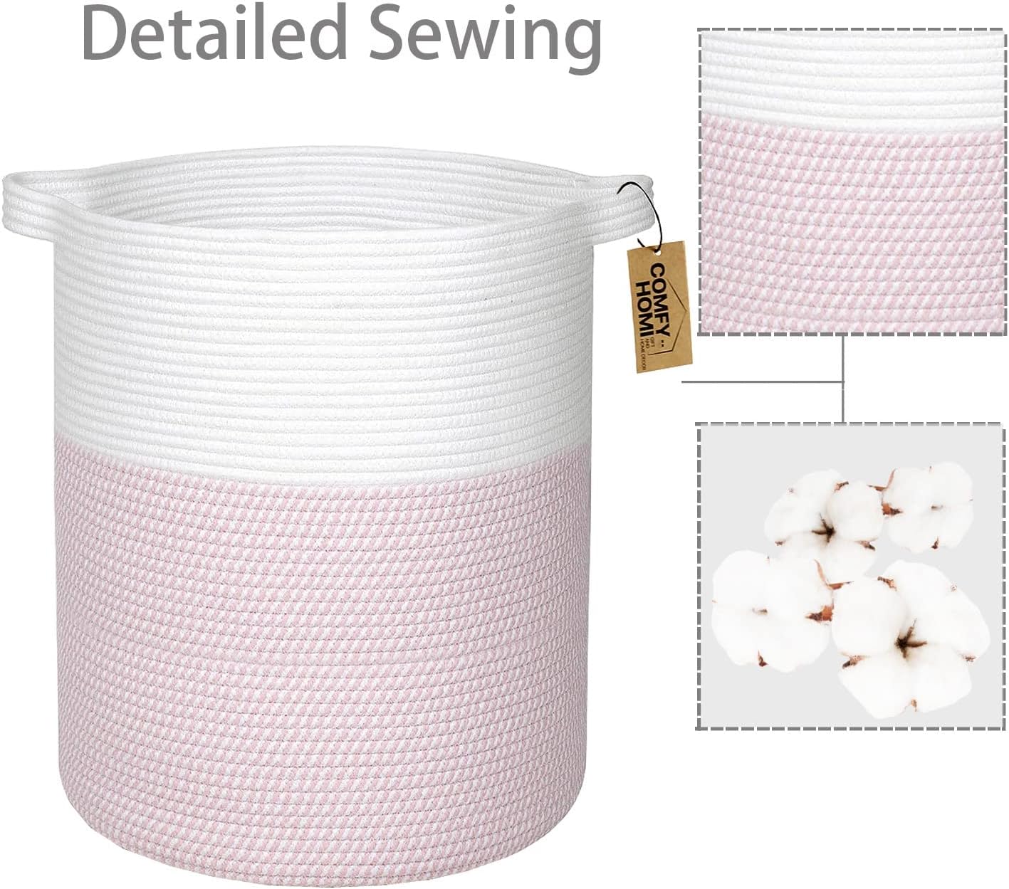 COMFY-HOMI XXL Large Laundry Basket with Handles Blanket Baskets Living Room|Woven Cotton Rope Decorative Basket Laundry Hamper Baby Basket Nursery Dog Toy Storage Organizer Bin-16”x18”-White/Pink