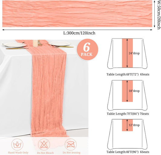 6 Pack Coral Cheesecloth Table Runner 10FT Cheese Cloths for Wedding Decor, 20x120inch Rustic Boho Gauze Table Runners for Wedding Party Bridal Shower Table Decoration