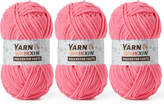 3 Pack Soft Chenille Yarn for Crocheting, Fluffy Chunky Crochet Yarn for Baby Blanket, (5.29oz/196.8yds) Fuzzy Velvet Yarn for Amigurumi&DIY Puzzle、Crafts、Scarf(3 Deep Pink)