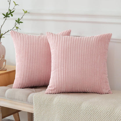 OTOSTAR Pack of 2 Throw Pillow Covers 18 x 18 Inch Soft Corduroy Decorative Square Solid Striped Cushion Case Couch Farmhouse Home Boho Decor Throw Pillows for Sofa Bed Living Room (Pink)
