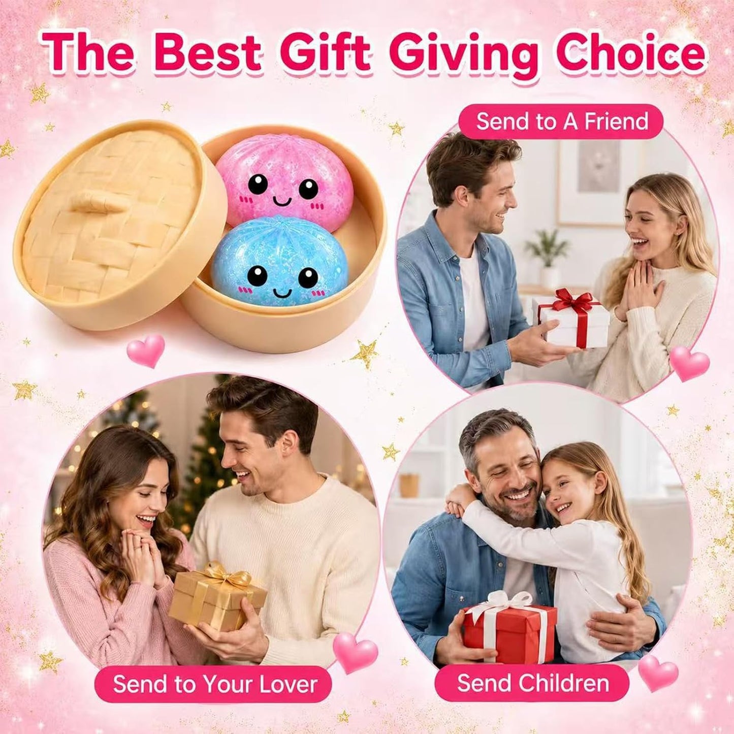 Dumpling Squishies, Glitter Dumpling Mystery Box, Fidget Sensory Toy for Adults,Colorful Dumplings Stress Balls with Food Steamer,Stretchy Desk Toys (Glitter Pink)