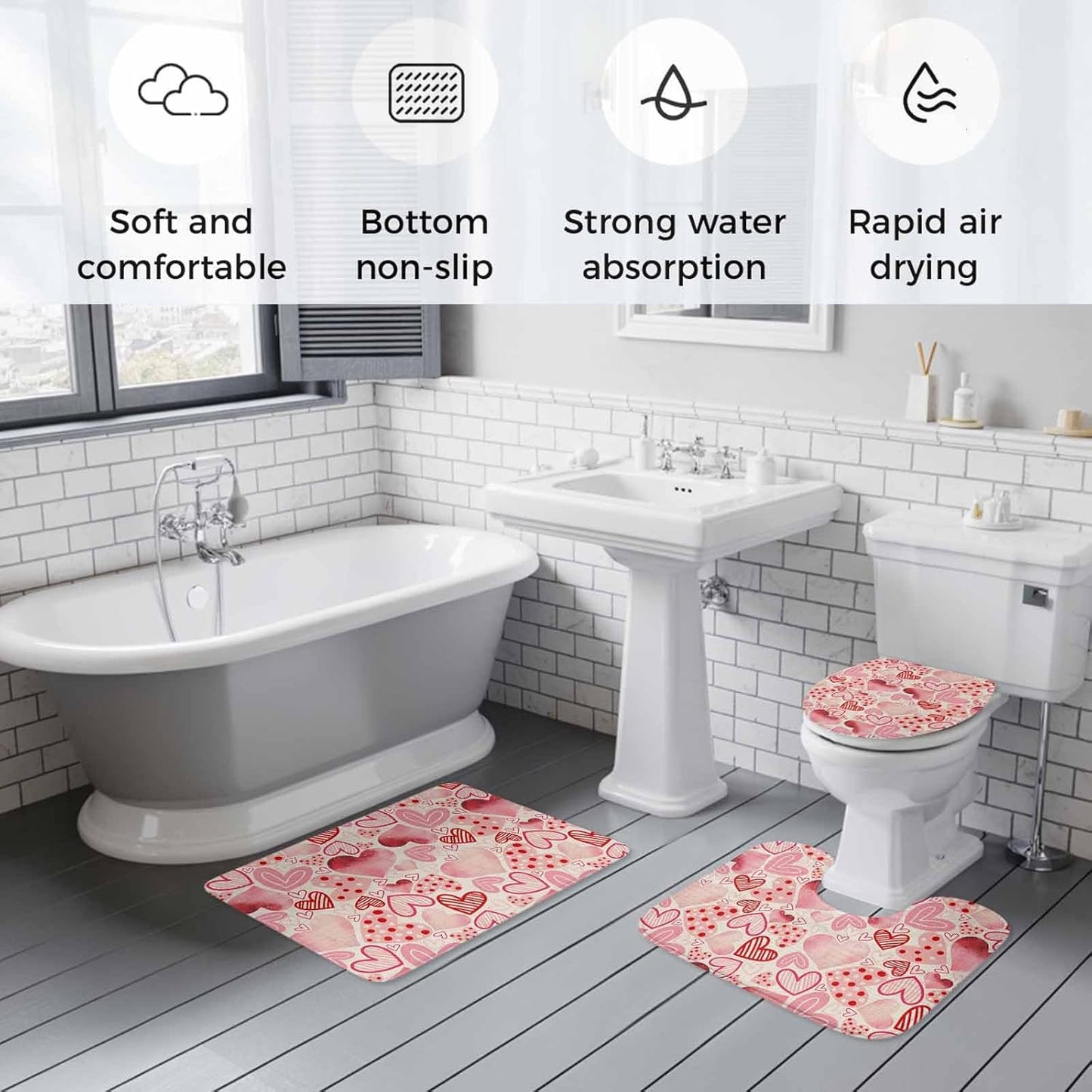 Valentine's Day Bathroom Rug Sets 3 Piece, Non Slip Bath Mat, Romantic Light Pink Loves Polka Dot Absorbent Floor Mats Bath Rugs with U-Shaped Contour Rug Toilet Lid Cover Bathroom Decor Large