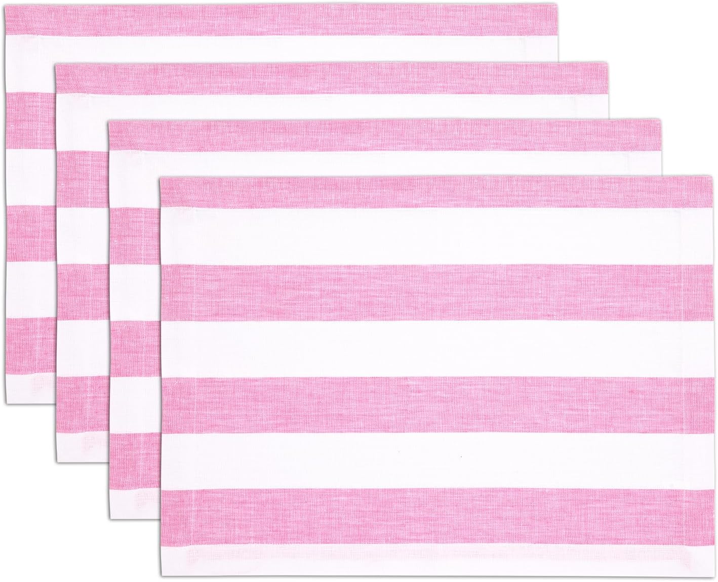Solino Home Linen Cloth Placemats Set of 4 - Cabana Stripe 100% Pure Linen Pink and White Farmhouse Placemats 14 x 19 Inch for Summer