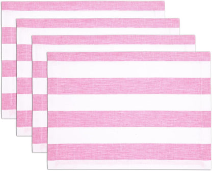 Solino Home Linen Cloth Placemats Set of 4 - Cabana Stripe 100% Pure Linen Pink and White Farmhouse Placemats 14 x 19 Inch for Summer