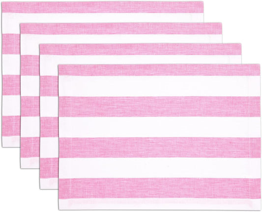 Solino Home Linen Cloth Placemats Set of 4 - Cabana Stripe 100% Pure Linen Pink and White Farmhouse Placemats 14 x 19 Inch for Summer