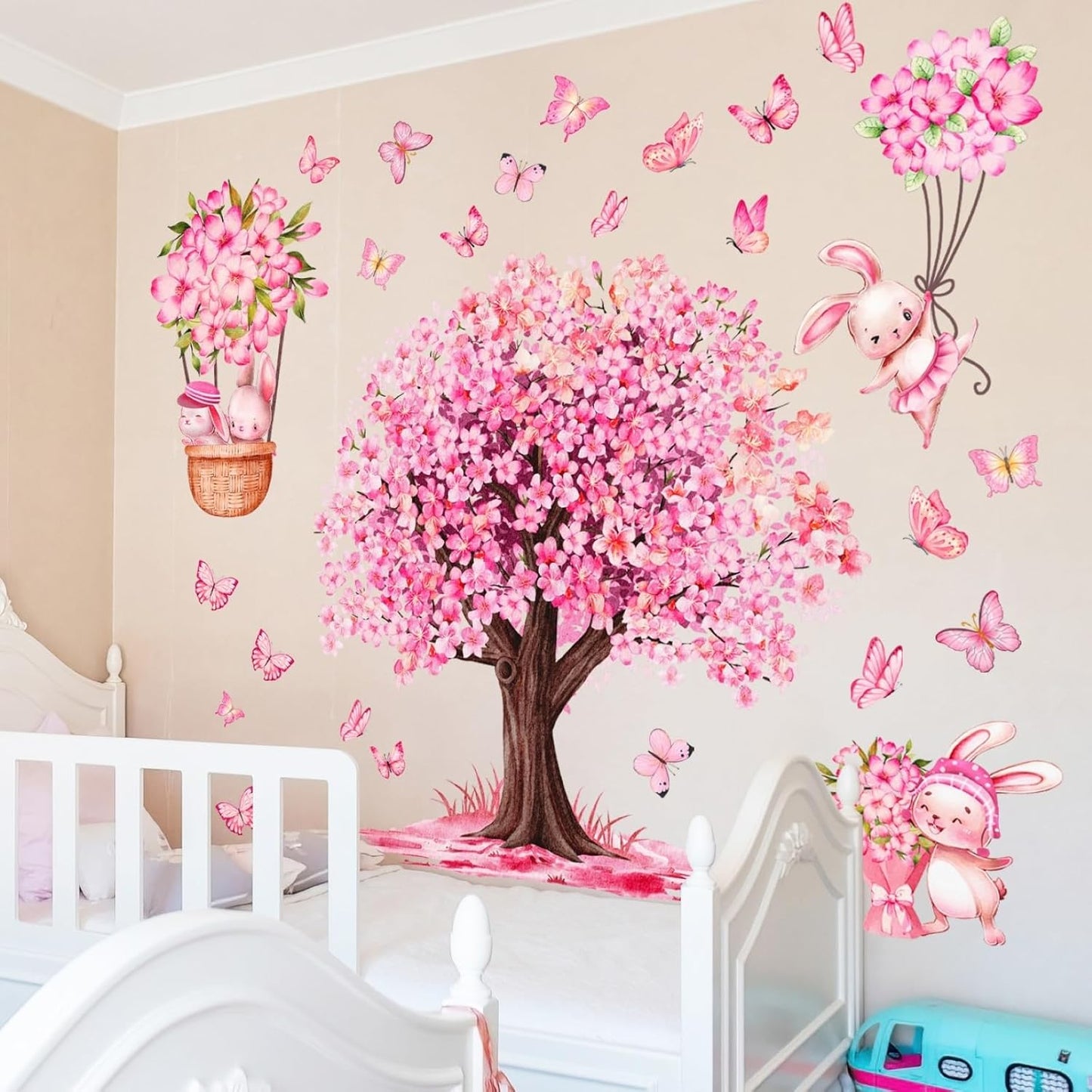 Large Pink Flower Tree Wall Decals Cherry Blossom Wall Stickers Peel and Stick Pink Butterfly Rabbit Wall Murals Decor for Girl Bedroom Living Room Kids Nursery (Pink Peach Tree)