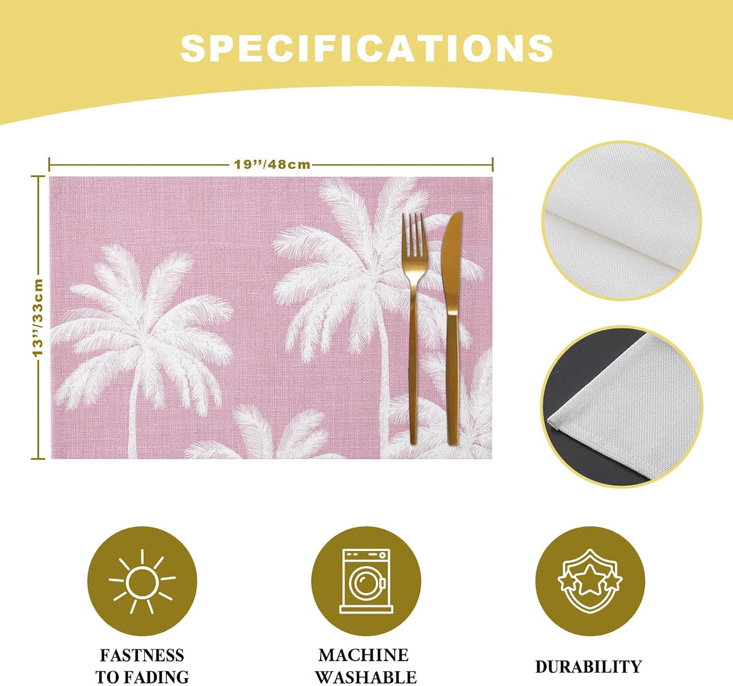 Peach Pink Palm Tree Placemats Set of 1 Summer Botancial Tropical Farmhouse Place Mats Indoor Wipeable Table Mats Washable Cloth Dining Table Placemats for Kitchen Holiday Party Home Decor 13x19 Inch