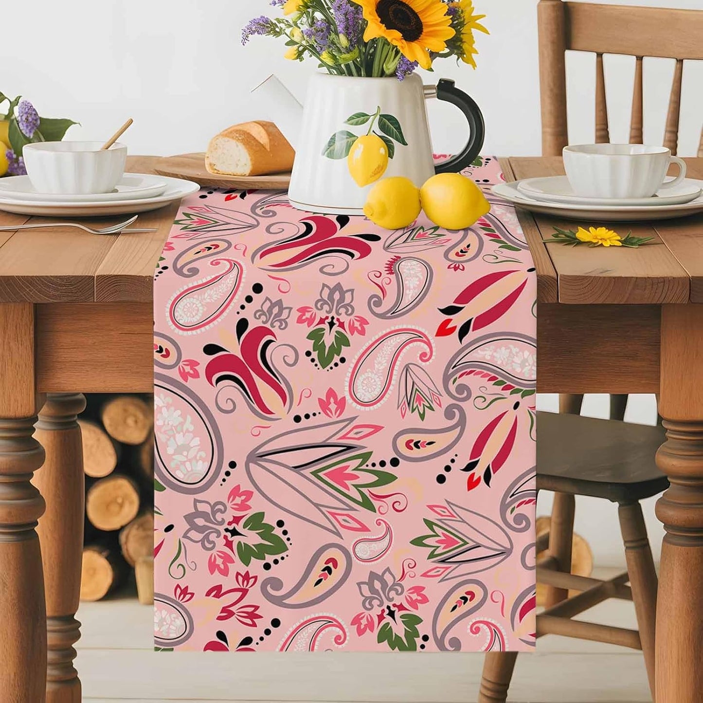 Vintage Baroque Style Floral Table Runners 13x72 Inches Long Linen Burlap Table Runner, Abstract Pink Paisley Flowers Tablerunners Dresser Scarf for Kitchen Dining Holiday Party Wedding Gathering