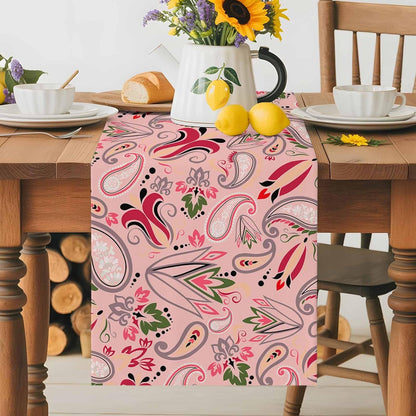 Vintage Baroque Style Floral Table Runners 13x72 Inches Long Linen Burlap Table Runner, Abstract Pink Paisley Flowers Tablerunners Dresser Scarf for Kitchen Dining Holiday Party Wedding Gathering
