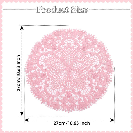 2 Pack Lace Placemats, 10.6 Inch Round Washable Embroidered Lace Doilies, Elegant Floral Table Mats for Dining Table, Home Decor, Wedding & Christmas Party(Bright Pink)