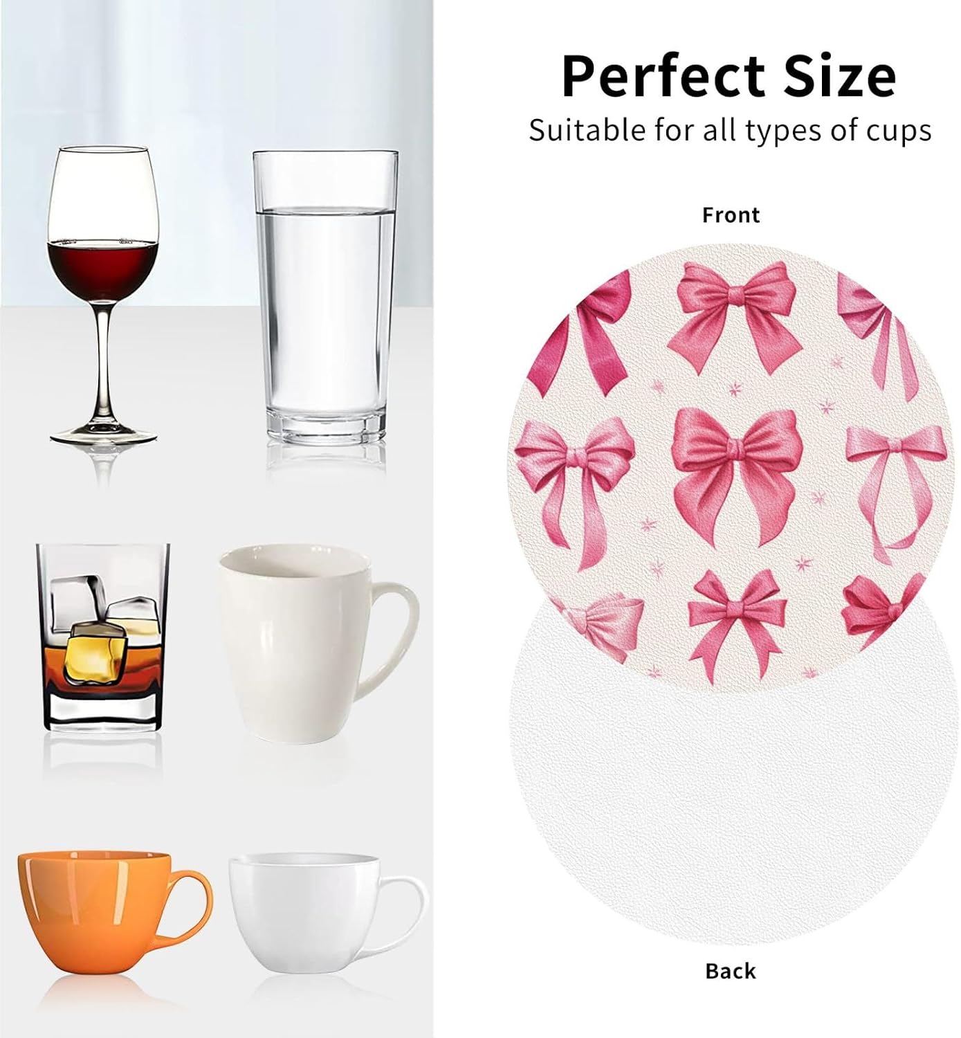 Light Pink Bows in Three Rows Drinks Coasters Set of 4 Leather Drink Coasters for Tabletop Protection Heat Resistant Bar Cup Mat Pad