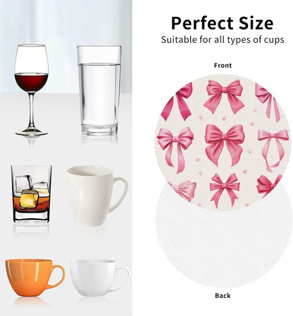 Light Pink Bows in Three Rows Drinks Coasters Set of 4 Leather Drink Coasters for Tabletop Protection Heat Resistant Bar Cup Mat Pad