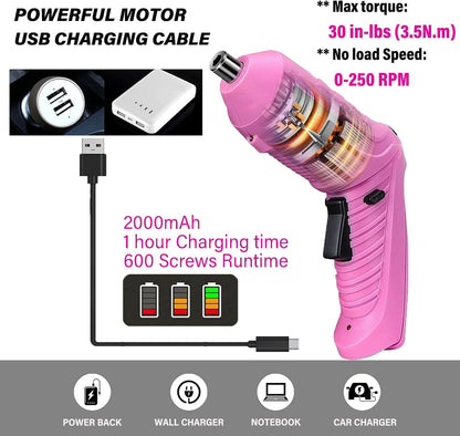 Electric Cordless Screwdriver with Offset Driving Shaft, 4.2V Automatic Rechargeable Screw Driver with 47PCS Bits, Battery Powered Automatic Screw Gun with LED Light & Carry Case Pink Screwdriver Set