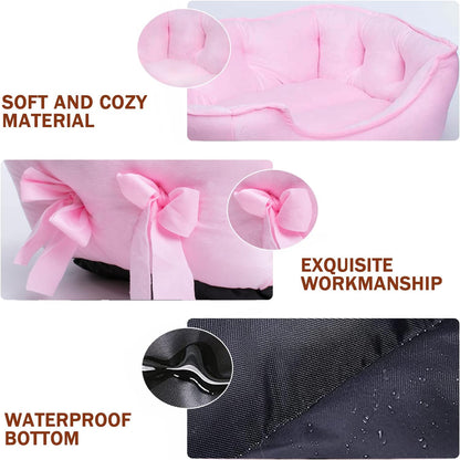 Cute Princess Dog Bed Pink Puppy Bed for Small Dogs Breathable Cat Couch Bowknot Pet Cushion Comfortable Kitten Nest Girl Doggy Sofa, Waterproof Bottom (Pink)