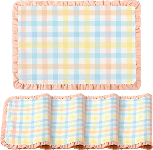 Frienda Set of 4 Easter Placemats 14 x 20 Inch Linen Pastel Gingham Washable Placemat Blue Pink Yellow Buffalo Plaid Table Mats Farmhouse Spring Easter Table Mat for Kitchen Dining Home Decoration