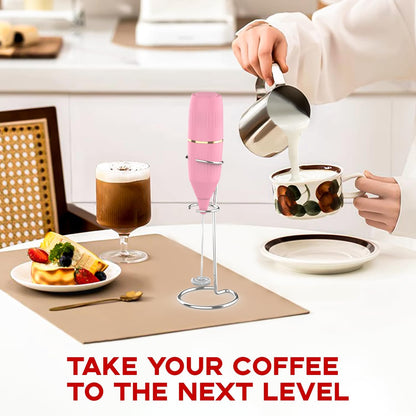 Homexup Handheld Milk Frother 14,000 RPM Drink Mixer Wand with Stand & Stirring Spoon Quiet One-Button Operation, Non-Slip Handle, Detachable Whisk Head for Coffee, Lattes, Cappuccinos, Matcha (Pink)