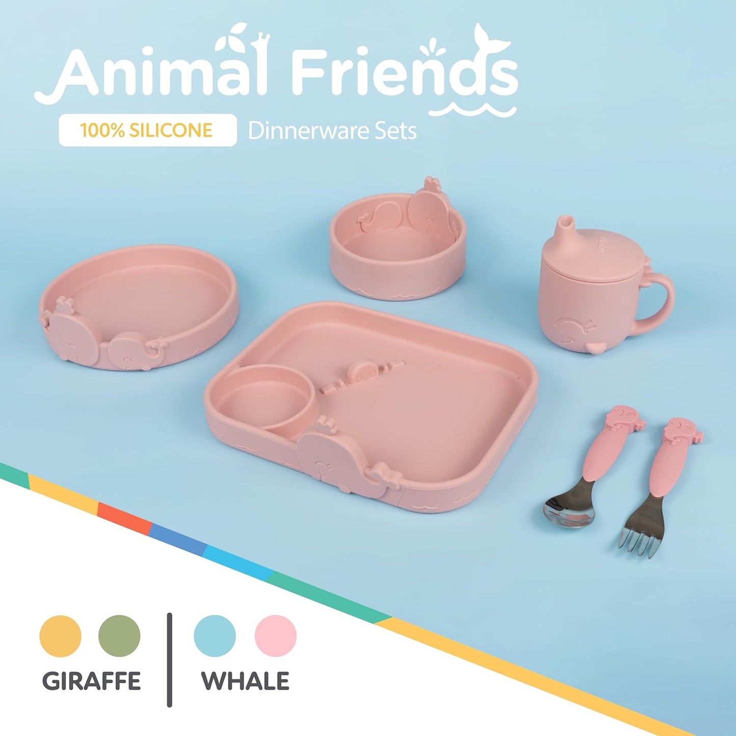 Nuby Animal Friends Silicone and Stainless Steel Fork and Spoon Set - 12+ Months - Pink Whale