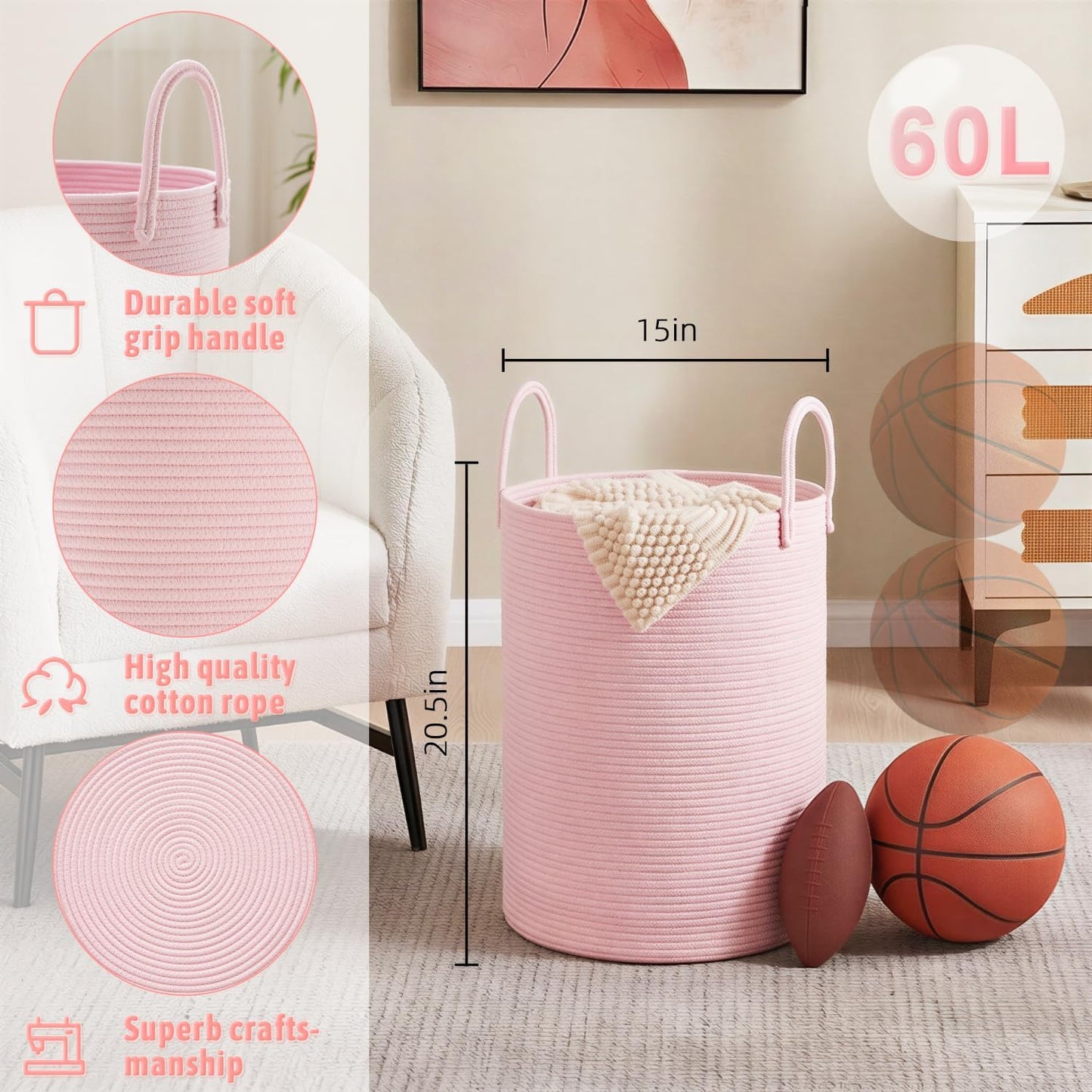 Artfeel Laundry Basket,Woven Cotton Rope Laundry Hamper,60L for Decorative Storage of Dirty Clothes,Toys and Blankets in Bathroom,Baby Room and Living Room