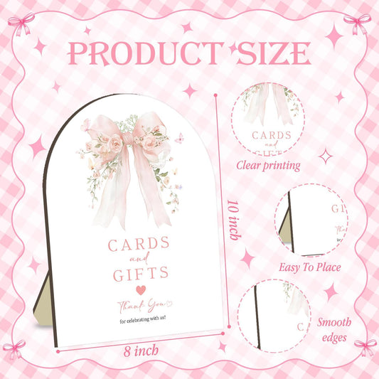 Pink Bow Bridal Shower Decorations,Cards and Gifts Sign, Bridal Shower Table Decor, Wooden Arch Sign with Stand for Gift Table, Wedding Reception, Engagement Party, 8 x 10 Inches