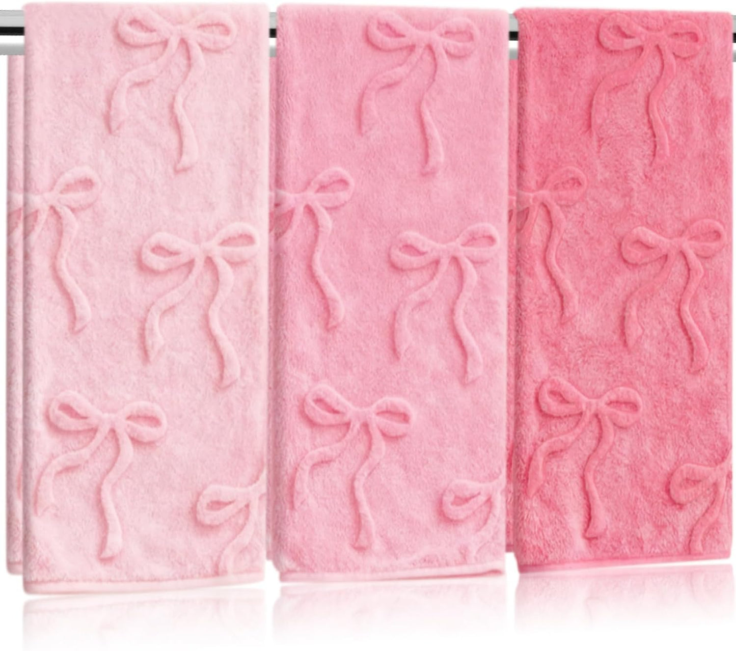 Whaline 3Pcs Pink Bow Hand Towel 3D Jacquard Cotton Towel Absorbent Coquette Dish Towels for Valentine's Day Home Kitchen Bathroom, 13.8 x 29.5 Inch
