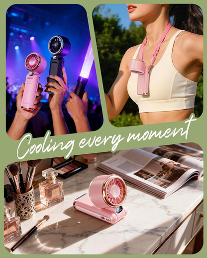 SWEETFULL Portable Handheld Turbo Fan - Portable Fans Rechargeable, 5000mAh, 180° Adjustable, 5 Speed Wind, Digital Display Electric Personal Hand Fan Quiet, Travel Essentials, Beach Vacation (Pink)