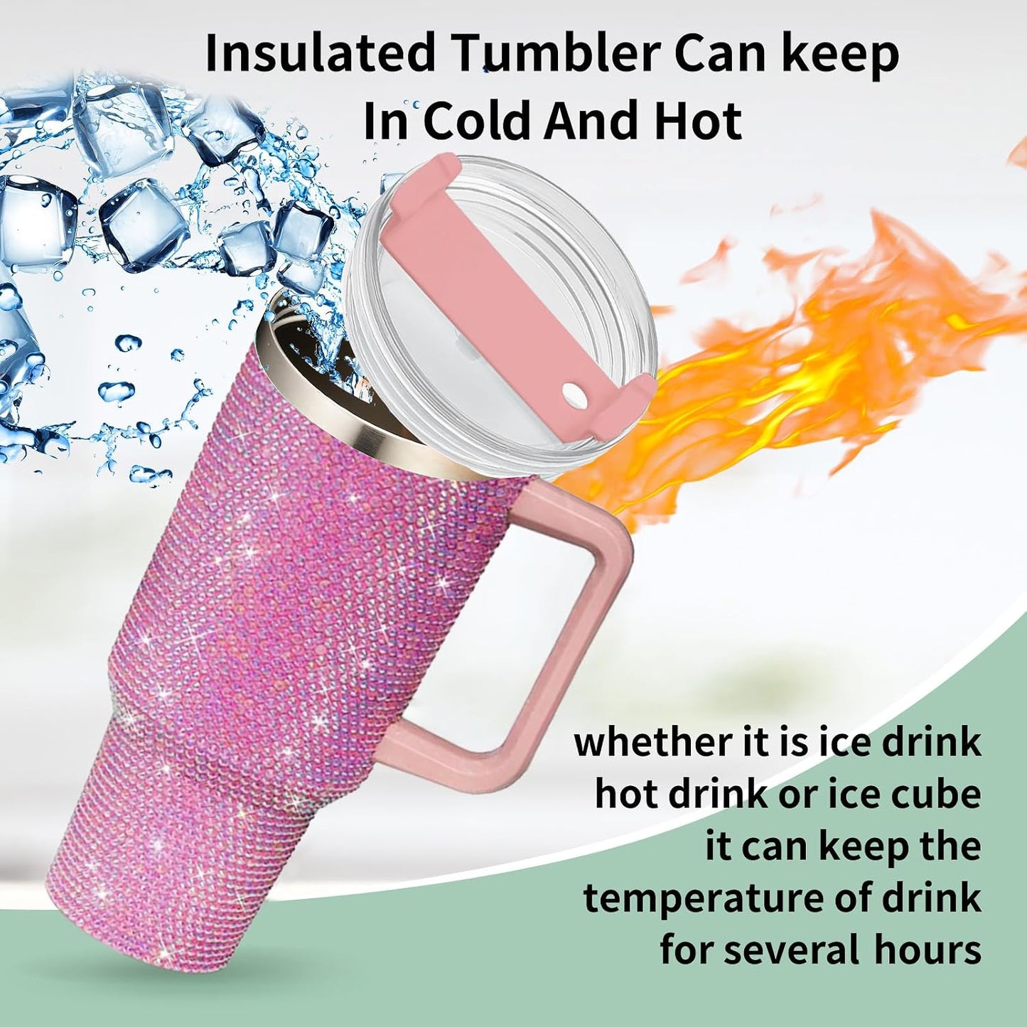 HWISDMIG 40oz Tumbler with Handle-Glitter Rhinestones Tumbler Bling Cups Stainless Steel Water Bottle Diamond Studded Tumbler for Women-Birthday Gifts for Women, Mom, Wife, Girlfriend (40 oz, Pink)