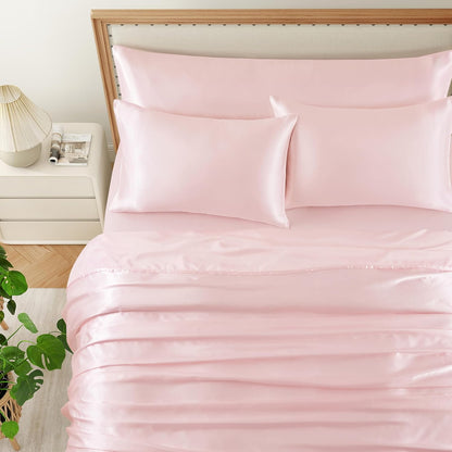 5Pcs Blush Pink Silk Sheets Queen, Blush Pink Satin Sheets Set Silky Comforter Bedding Sheets with 1 Satin Flat Sheet,1Deep Pocket Fitted Sheet,3 Pillowcases with Envelope Closure