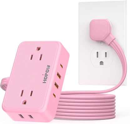 HOPOW Pink Extension Cord, 6 Ft Ultra Thin Pink Power Strip, 4 AC Wide Spaced Outlets and 4 USB (2 USB-C) Ports, No Surge Protector for Kawaii Desk Home Room Decor Essentials