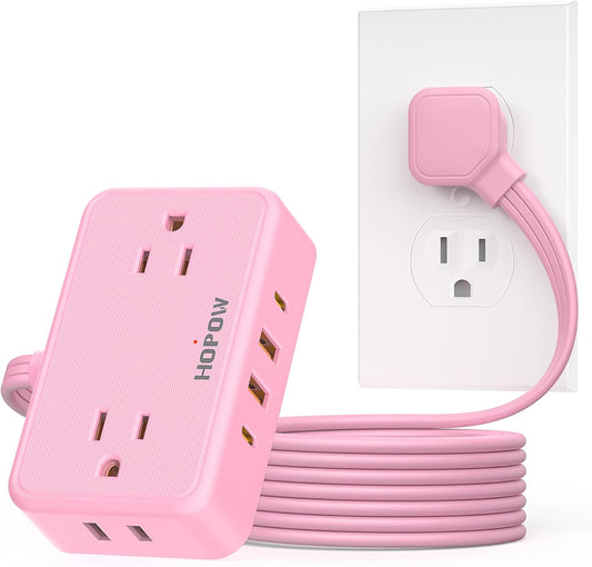 HOPOW Pink Extension Cord, 6 Ft Ultra Thin Pink Power Strip, 4 AC Wide Spaced Outlets and 4 USB (2 USB-C) Ports, No Surge Protector for Kawaii Desk Home Room Decor Essentials