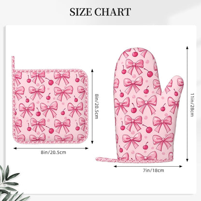 Oven Mitts Pot Holders Set Pink Bows Cherry Silicone Kitchen Gloves Potholders Heat Resistant for Chef Baking Cooking Grilling BBQ 4 Pack Mitt