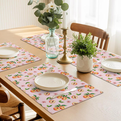 Pink Peaches Placemat Set of 6 Non-Slip Placemats for Dining Table Flowers Summer Fruit Washable Table Mats, Heat Resistant Kitchen Table Mats for Party, Dining Room & Home Decor