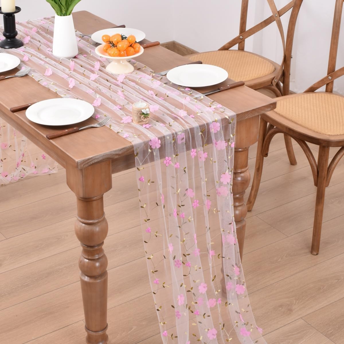 Joanlody Pink Floral Table Runner 10ft Embroidery Wildflowers Summer Seasonal Rustic Gauze Runner for Baby Shower Wedding Party Holiday Home Kitchen Dining Table Decor