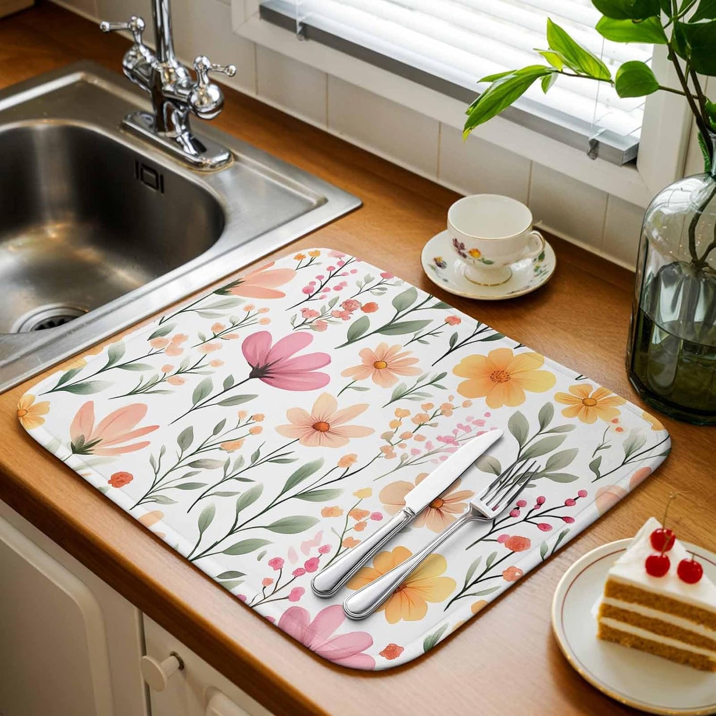 Watercolor Floral Dish Drying Mat 2 Pack, Light Pink Wildflowers Leaves Botanical Absorbent Heat Insulating Kitchen Drying Pad Drainer Mats for Sink Counter Dishes 16 X 18 Inch