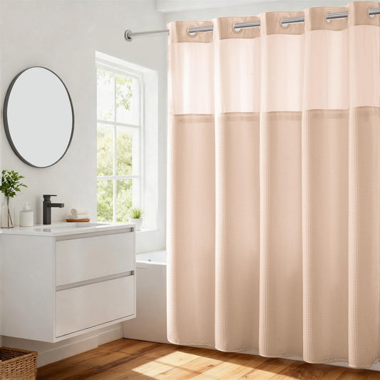 River Dream Heavyweight No Hooks Required Dotted Waffle Weave Shower Curtain with Snap in Liner - 71W x 74H,Hotel Grade,Spa Like Bath Curtain,Pink