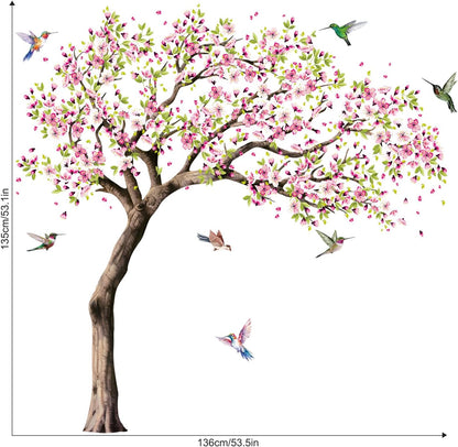 Large Cherry Flower Tree Wall Decals Spring Pink Cherry Blossom Hummingbirds Wall Stickers Peel and Stick for Girls Bedroom Living Room Kitchen Sofa TV Backdrop Decoration Gift for Mom