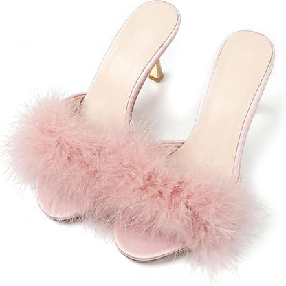 YIBLBOX Women's Round Toe Sandal Fluffy Feather Sexy Slippers Kitten Heeled Slippers for Lingerie Wedding Evening