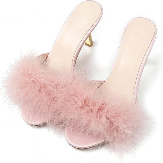 YIBLBOX Women's Round Toe Sandal Fluffy Feather Sexy Slippers Kitten Heeled Slippers for Lingerie Wedding Evening