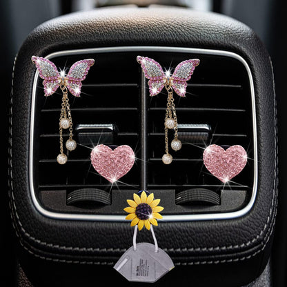 Pink Heart & Butterfly Pandent Air Vent Clips, 4 Pcs Bling Heart Car Air Fresheners Vents Clips Diamond Interior Decor Bling Cute Car Accessories Decoration for Women +Sunflower Mask Hook