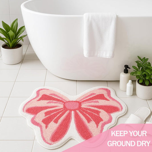 Pink Bow Bathroom Rug, Soft Tufted Plush Washable Non-Slip Kawaii Bow Bath Mat, Bedroom Kitchen Floor Door Mat for Home