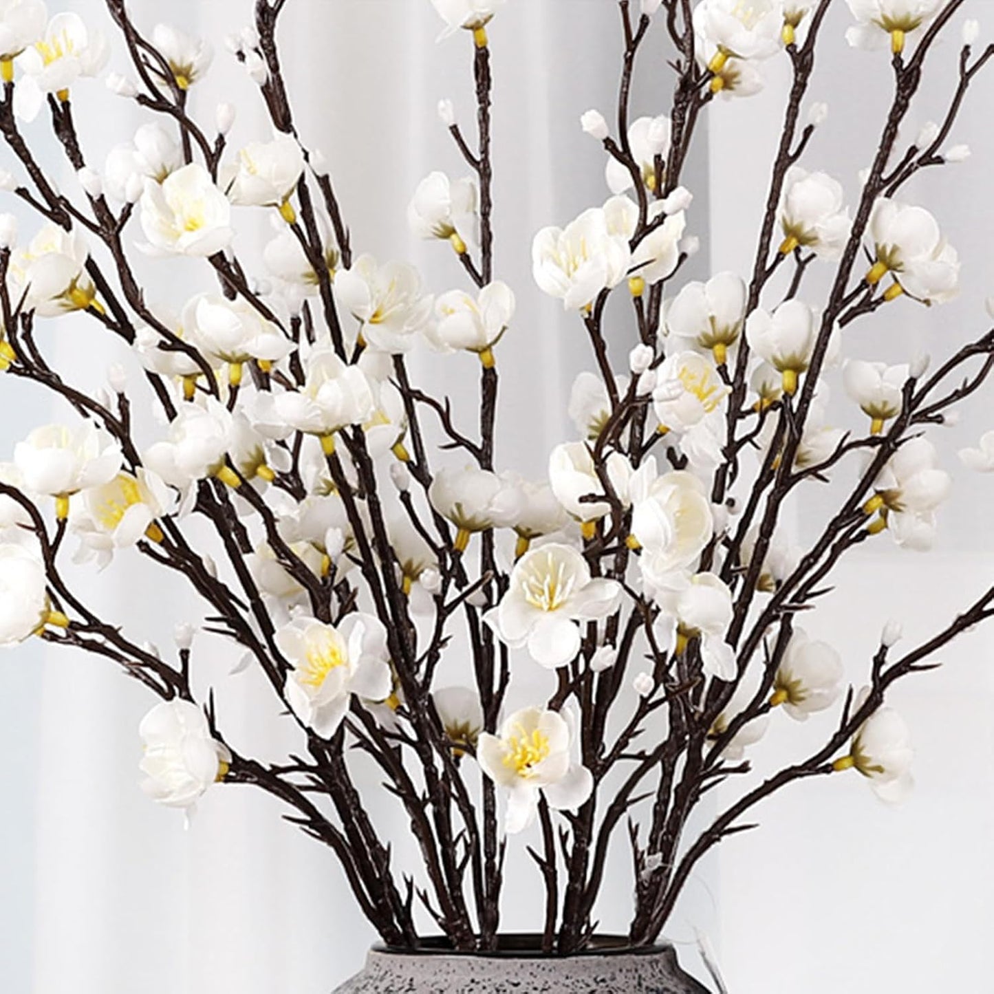 HERCHR Artificial Flowers, 7pcs Cherry Blossom Branches Spring Indoor Decoration 21.7in Long Stem Plum Fake Peach Plants for Wedding Home Hotel Bedroom Party Office Table Centerpieces Decor (White)