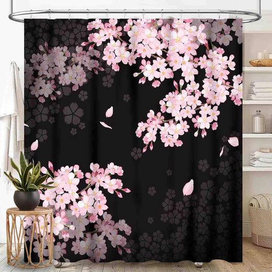 Cherry Blossom Shower Curtain for Bathroom, Asian Japanese Style Pink Floral Flower Plum Blossom Oriental Waterproof Fabric Shower Curtain Set with Hooks, 72"x78" Inch
