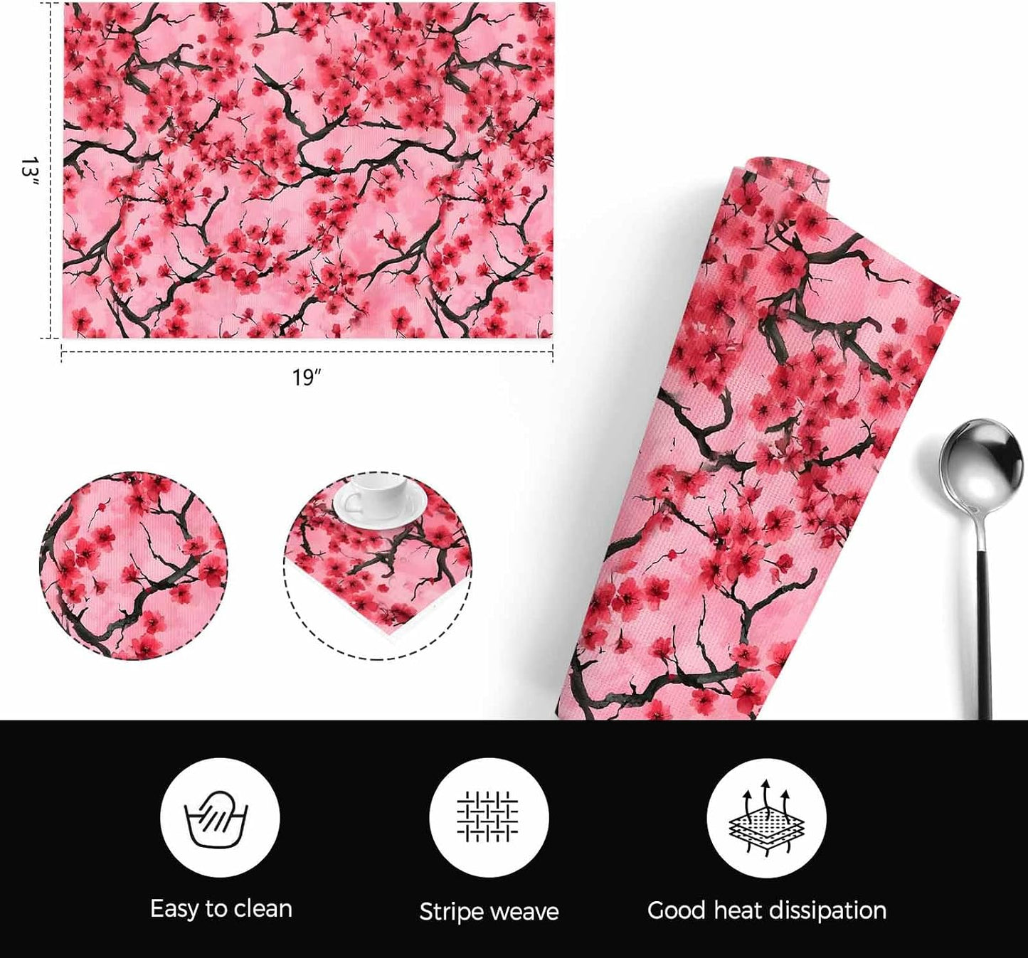 Chinese Flowers Placemats Set of 4, Washable PVC Kitchen Table Mats Place Mats, Spring Pink Peach Blossoms Floral Woven Vinyl Placemat for Dining Table, 13" x 19"